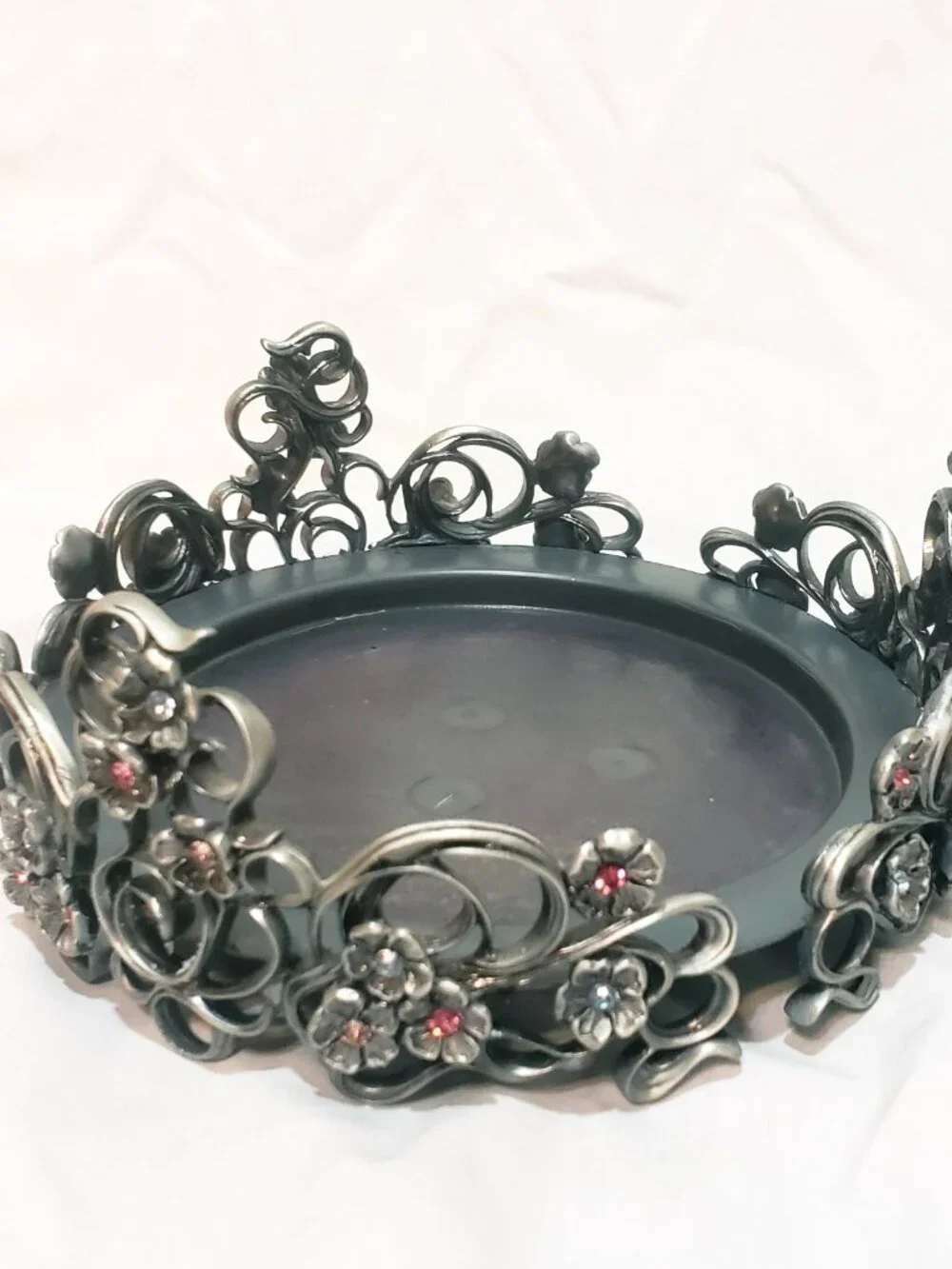 Flowers Scroll work Rhinestone Partylite Candle Holder Three Wick 8" wide - Picture 5 of 12